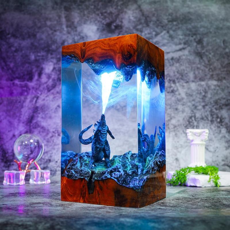 GOD.ZILLA Monster Night Atomic Breath Epoxy Resin Diorama -  Bedroom Wooden Diorama Resin Epoxy Figures - Handmade Gift Art Design Ornaments