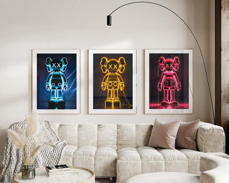 Hypebeast Neon Poster,set of 3,Printable Neon KAWS,Graffiti Poster,Hypebeast Toys,Hypebeast Sneaker, Sneaker Prints Decor Room Glossy Wall