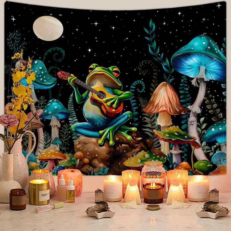 Frog & Mushroom Pattern Tapestry, 1 Count Wall Hanging Blanket with Installed Accessory, Wall Art Decor for Home Living Room Bedroom