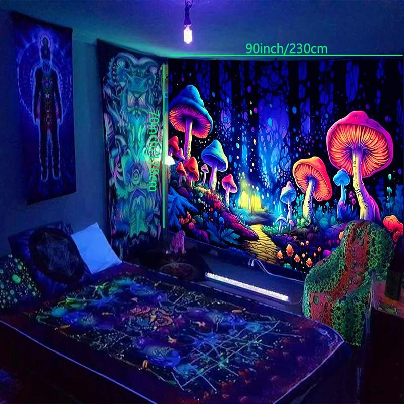 Colorful Mushroom Forest Pattern Tapestry, UV Black Light Aesthetic Tapestry, Wall Hanging Decor For Home Living Room Bedroom