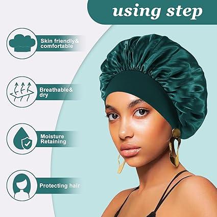 4PCS Silk Bonnet for Sleeping – Satin Hair Wrap Caps with Elastic Wide Band for Curly Hair, Shower Cap for Men and Women (Black, Peacock Blue, Pink, Khaki)