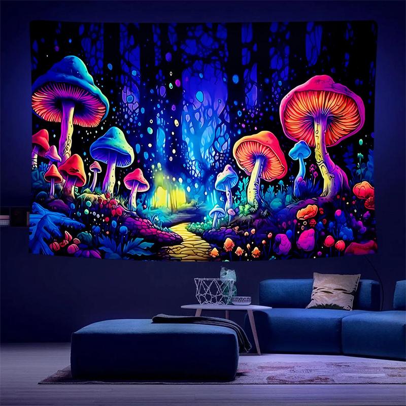 Colorful Mushroom Forest Pattern Tapestry, UV Black Light Aesthetic Tapestry, Wall Hanging Decor For Home Living Room Bedroom