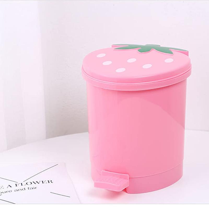 Desktop Trash Can Mini with Swing Lid Cute Pink Strawberry, Mini Countertop Trash Cans for Desk Car Office Kitchen, Tiny Trash Can, Mini Garbage Can Plastic