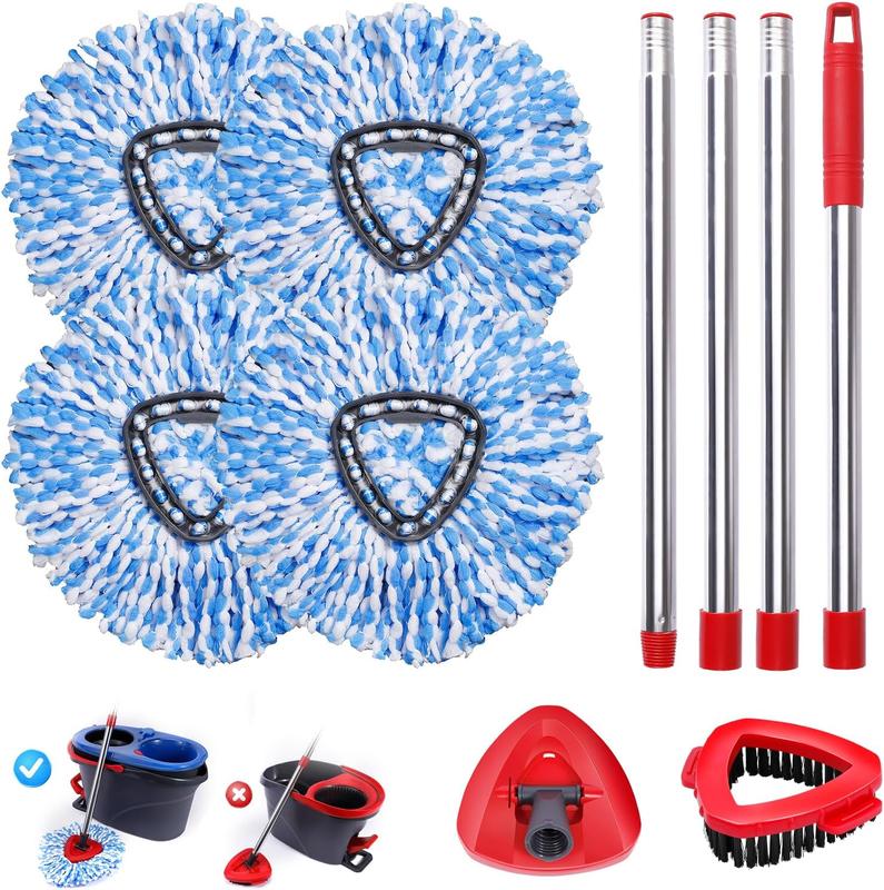 Mop Heads Replacements Combo for O-Ceda,4 Pcs Machine Washable Microfiber Spin Mop Refills Replace Heads,1 Scrub Brushs,1 Base,1 Set Handle,Spin Mop Replacements for Tub and Tile Cleaning