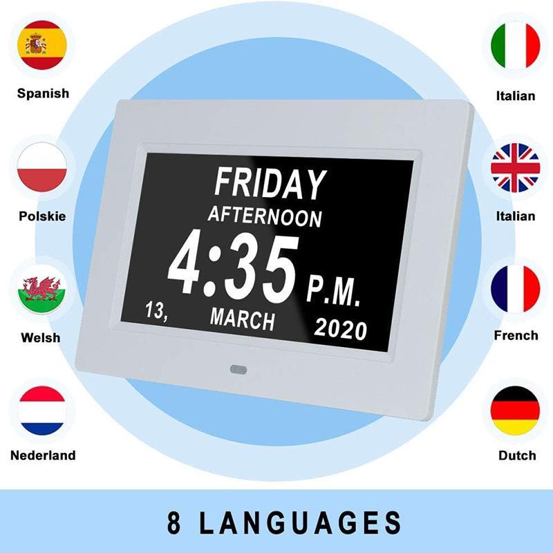 7 Inch Digital Calendar Clock, 1 Count Multi-language Large Day and Month Date Clock for Elderly with Auto-dimming