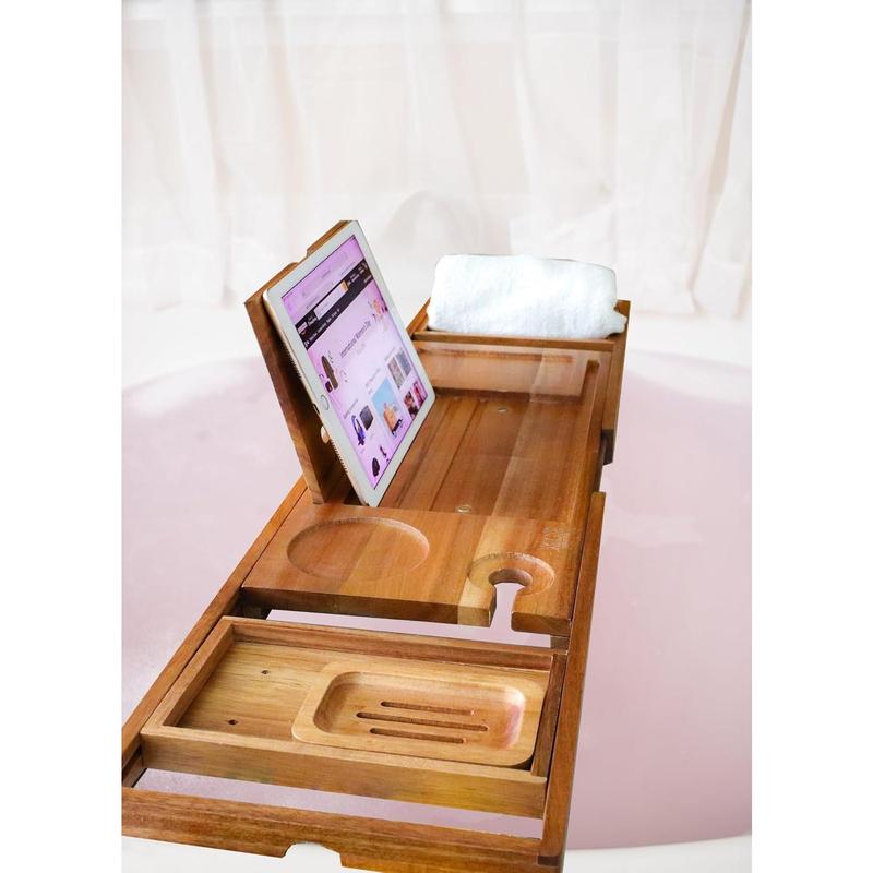 XcE Foldable Bathtub Tray Expandable to 105cm for Luxury Bath, Bath Tray for Bathtub (Acacia Wood)