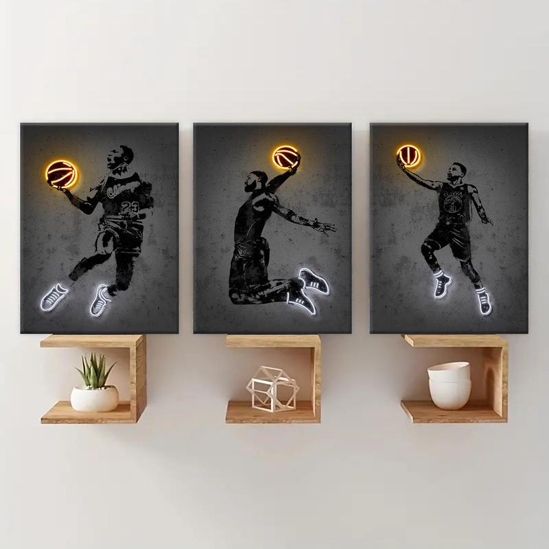 Basketball Player Pattern Canvas Painting with Frame, 3 Counts Basketball Fan Poster Canvas Art, Wall Art Decor for Home Living Room Bedroom Office, Wall Art Painting Room Decor