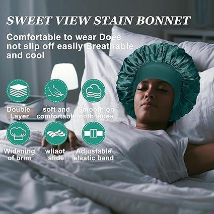 4PCS Silk Bonnet for Sleeping – Satin Hair Wrap Caps with Elastic Wide Band for Curly Hair, Shower Cap for Men and Women (Black, Peacock Blue, Pink, Khaki)