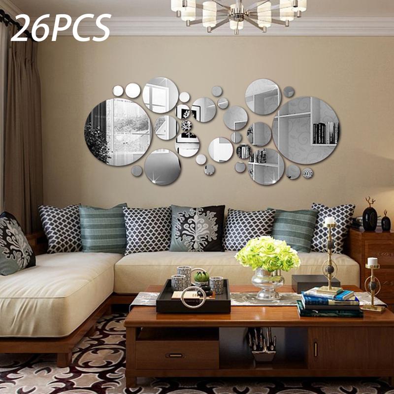 26 countss Acrylic Mirror Wall Sticker Round Mirror Decal Self-Adhesive Wall Sticker Decal DIY Removable Mural Decoration for Home Living Room Bedroom Bathroom Windows Doors Office (Silver)