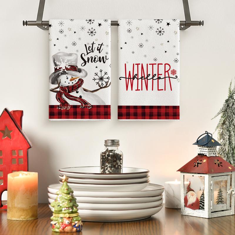 Buffalo Plaid Snowman Winter Kitchen Towels Dish Towels, 18x26 Inch Daily Seasonal Christmas Decoration Hand Towels Set of 2