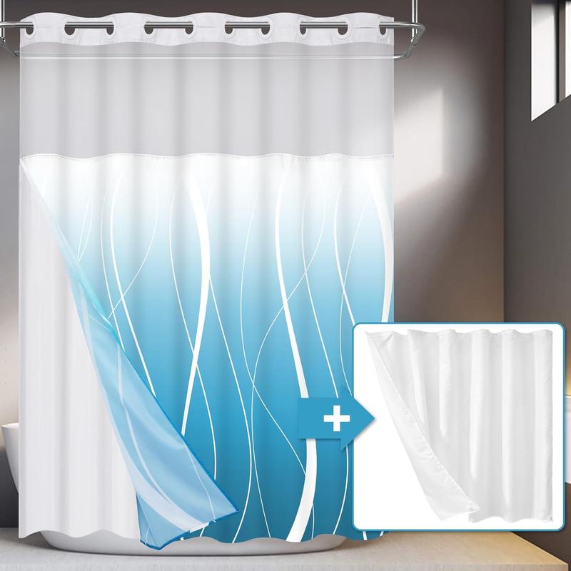 No Hook Shower Curtain with Snap in Liner, Modern Striped Hotel Shower Curtain and Liner Set, Ombre See Through Shower Curtain with Window, Double Layer, Washable