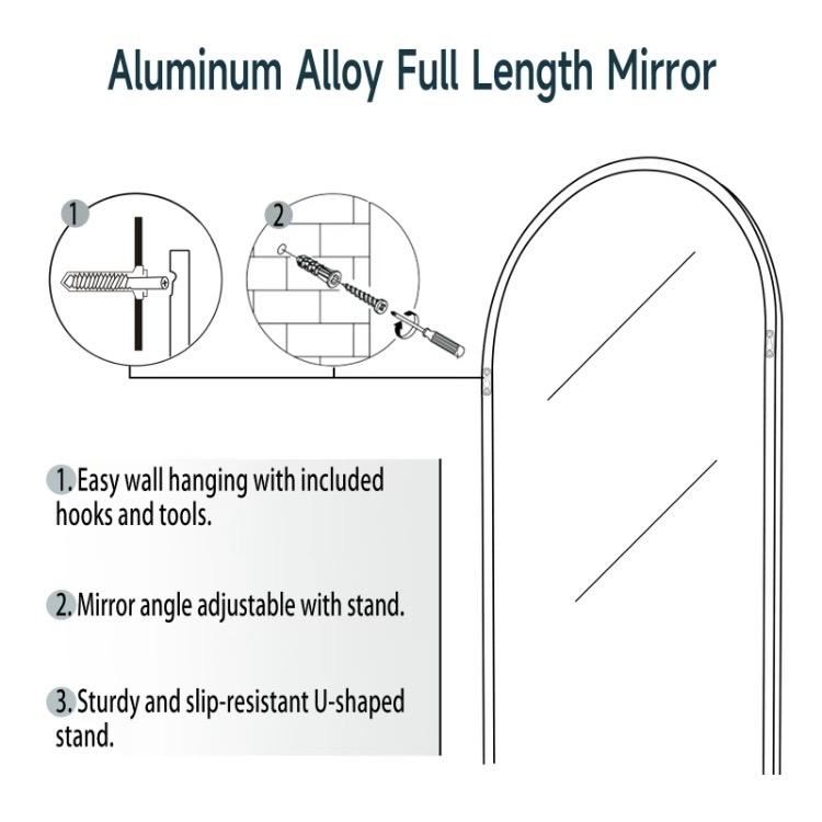 59 in. H x 16 in. W Arched  Full  Length Mirror with AIuminum AIIoy Frame and Nano Glass for Dressing and Home Decor AIuminum AIIoy Framed FuII Length Mirror Floor Mirror Wall Mirror Decor Glass