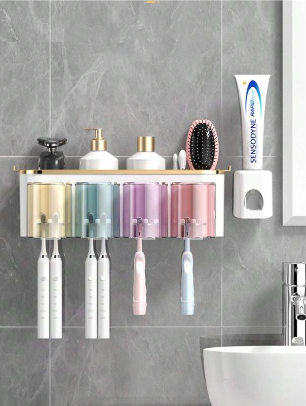 1 Set Toothbrush Holder With 2 Or 3 Or 4 Cups And Toothpaste Squeezer, Creative Bathroom Wall-Mounted Organizer For Brushing Teeth And Storage.The Color Of The Cup (Gray, Blue, Purple, Pink, Yellow) Is Random