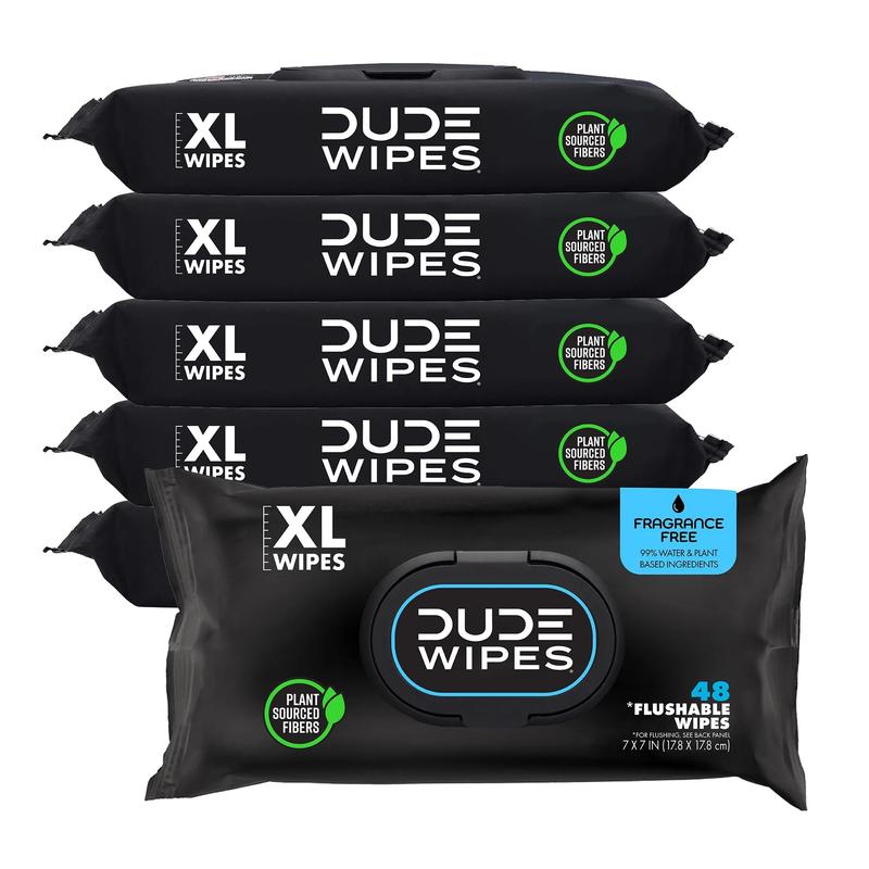 DUDE Wipes Unscented XL Flushable Wipes, 6 Flip-Top Packs Case, 48 Wipes per Pack, 288 Total Wipes Toilet Aloe Vera