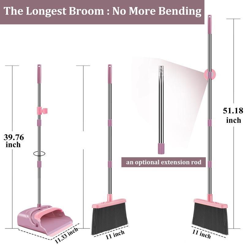 kelamayi broom and dustpan set (pink) with dustpan teeth, a must-have for household use, upright broom + dustpan for indoor and outdoor cleaning