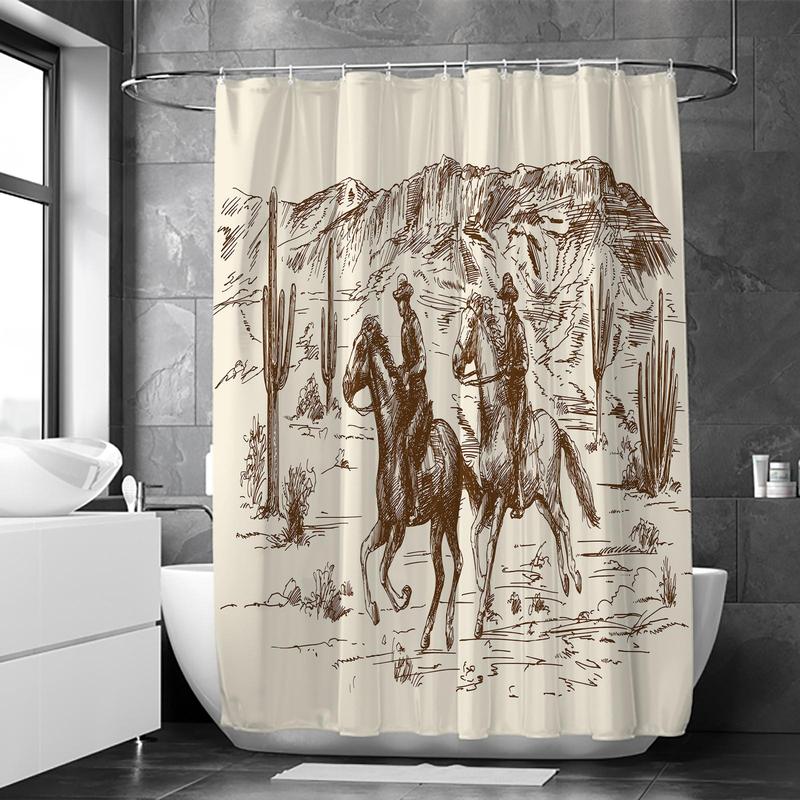 Western Cowboy Pattern Shower Curtain, 1 Count Horse Print Waterproof Shower Curtain with 12pcs Hooks, Decorative Bathroom Accessories for Home Salon Dormitory Hotel