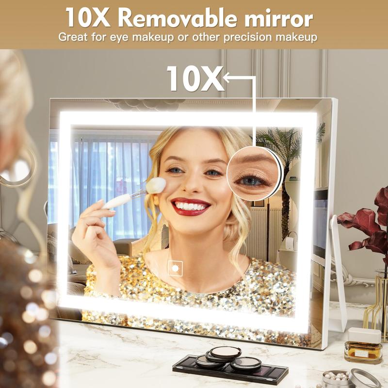 LED Makeup Mirror, 1 Count 360 Degree Rotatable Vanity Mirror with 10X Magnification, Smart Touch 3 Colors Dimmable Mirror for Home Decor