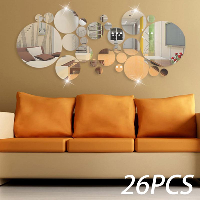 26 countss Acrylic Mirror Wall Sticker Round Mirror Decal Self-Adhesive Wall Sticker Decal DIY Removable Mural Decoration for Home Living Room Bedroom Bathroom Windows Doors Office (Silver)