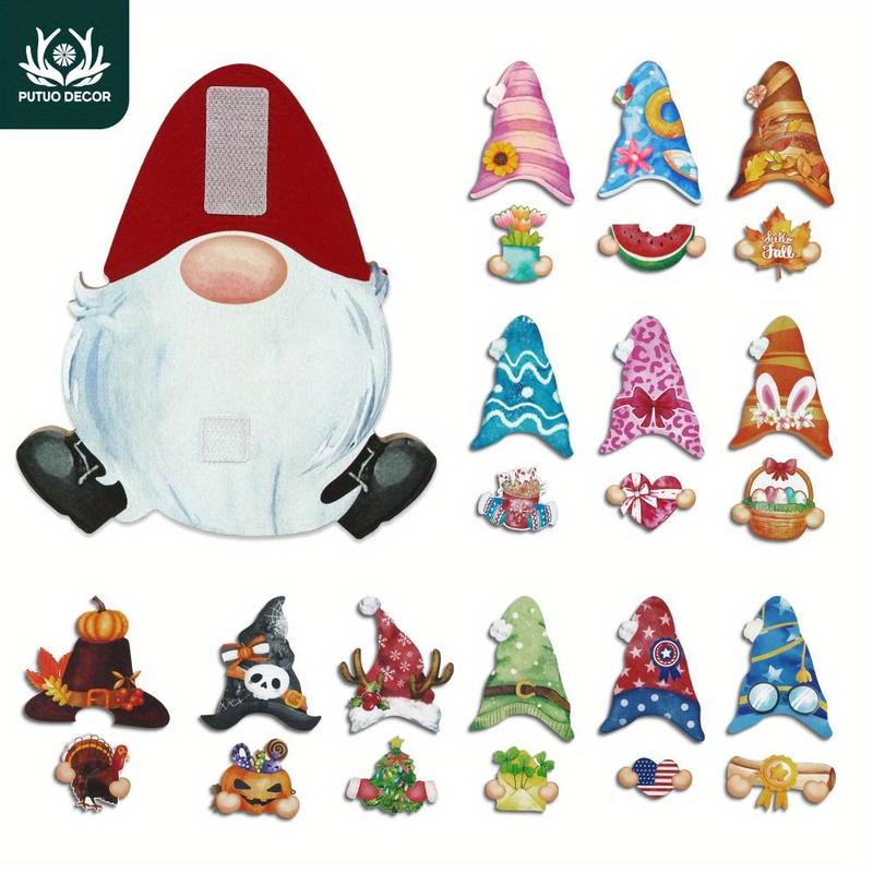 Gnome Shaped Wooden Table Decor, 1 Count Interchangeable Wooden Desktop Decoration with 12 Sets Changeable Velcro Icons, Home Decor for Farmhouse Porch Office