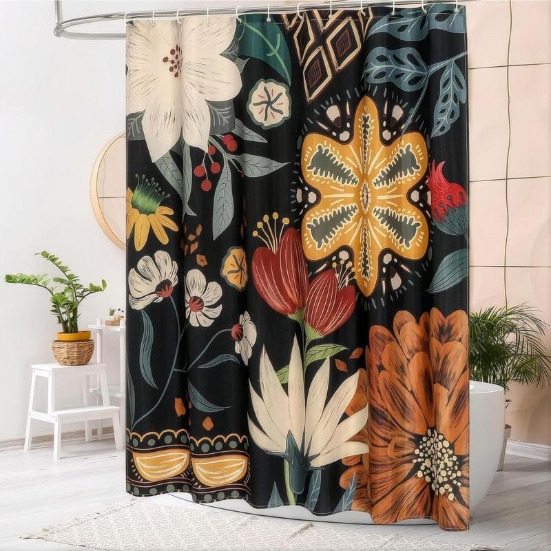 Flower Pattern Waterproof Bath Curtain, Polyester Bohemian Style Bathroom Decorative Curtain, Bathroom Accessories, Bathroom Decor, Home Decor, Bathroom Gadgets 2024, Christmas Decor, Fall Decor, Christmas Gifts, Christmas Decorations