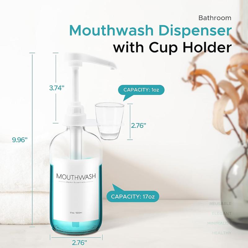 Oylik Glass Mouthwash Dispenser with Cup Holder, Mouthwash Dispenser for Bathroom 17oz Mouthwash Container Pump with Funnel & Label