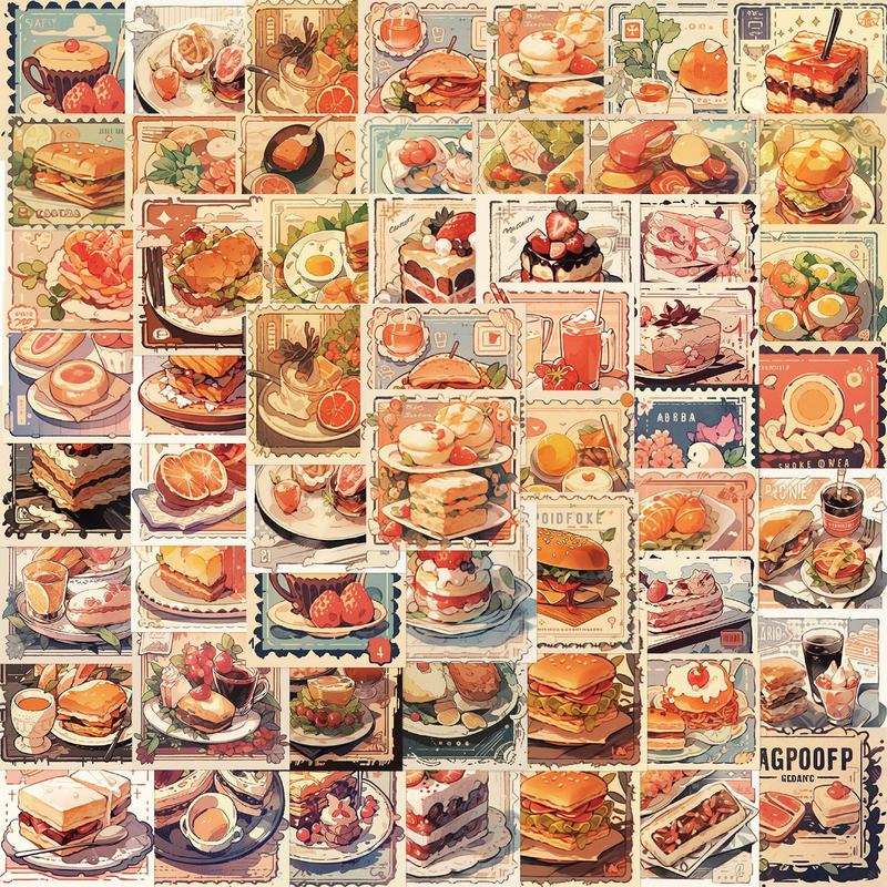 Cartoon Food Stamp Series Sticker, 51pcs set Decorative Sticker, Diy Creative Sticker for Phone Case, Laptop, Notebook, Helmet, Skateboard