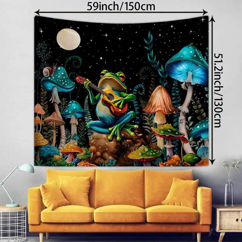 Frog & Mushroom Pattern Tapestry, 1 Count Wall Hanging Blanket with Installed Accessory, Wall Art Decor for Home Living Room Bedroom