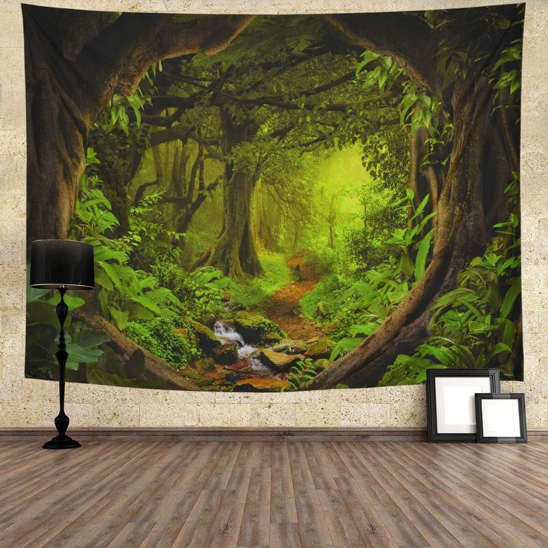 Forest Tapestry Nature Tree Cave Tapestry Wall Hanging Misty Forest Tapestry Stream Through Rainforest Tapestry Landscape Wall Tapestry Jungle Creek Psychedelic Tapestry for Living Room Decor