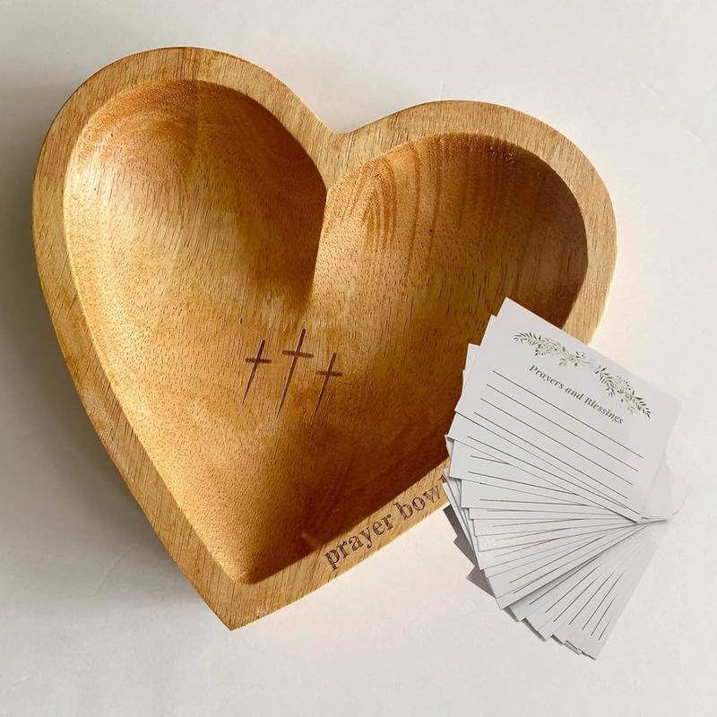 Wooden Heart Shaped Prayer Bowl, 1 Count Wooden Prayer Bowl with 1 Count Card, Religious Decoration for Home Living Room Bedroom