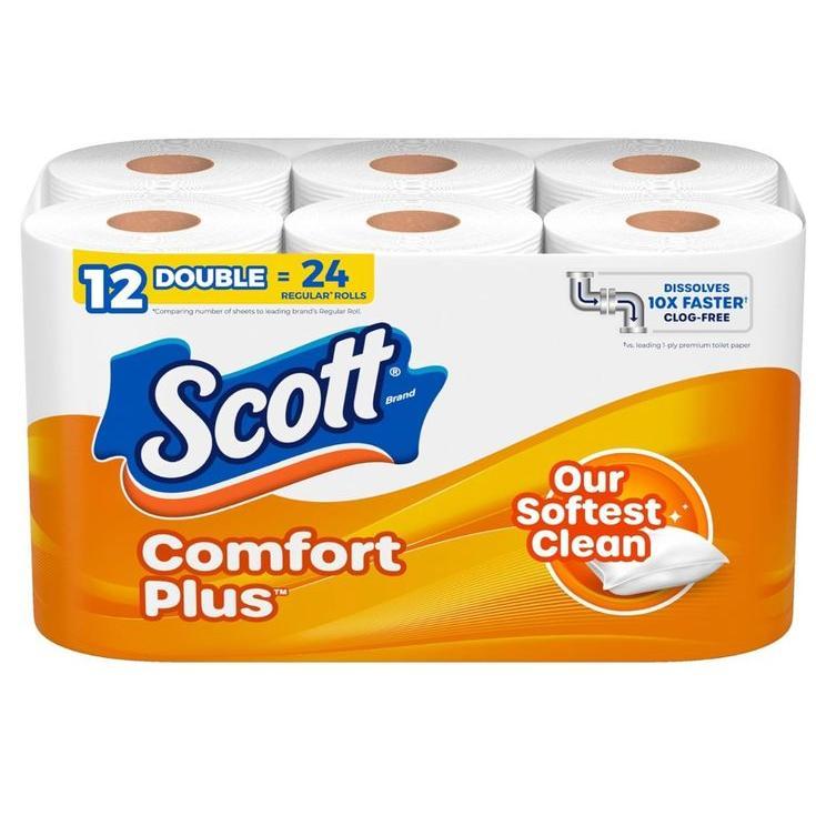 Scott ComfortPlus Toilet Paper, 12 Double Rolls, 231 Sheets per Roll, Septic-Safe, 1-Ply Toilet Tissue