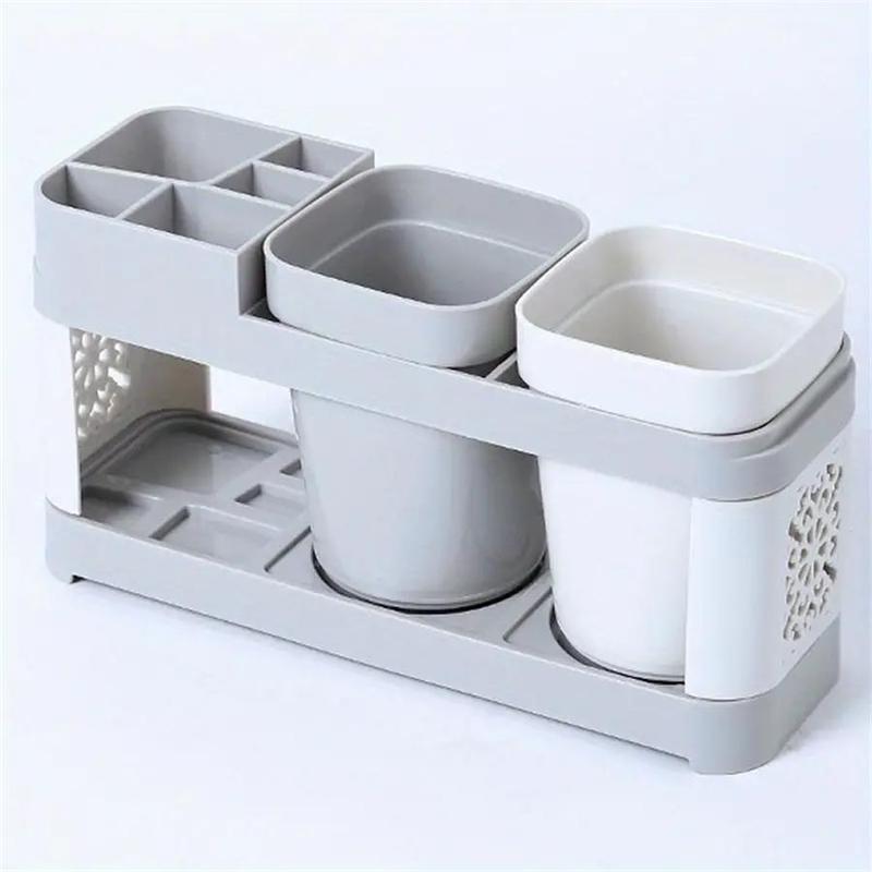 Toothbrush Holder with 2 Mouthwash Cups, 1 Count Creative Countertop Toothbrush Storage Rack, Home Organizer for Bathroom