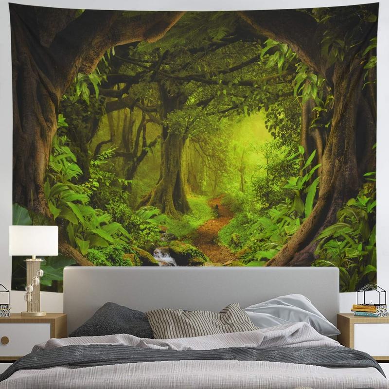 Forest Tapestry Nature Tree Cave Tapestry Wall Hanging Misty Forest Tapestry Stream Through Rainforest Tapestry Landscape Wall Tapestry Jungle Creek Psychedelic Tapestry for Living Room Decor