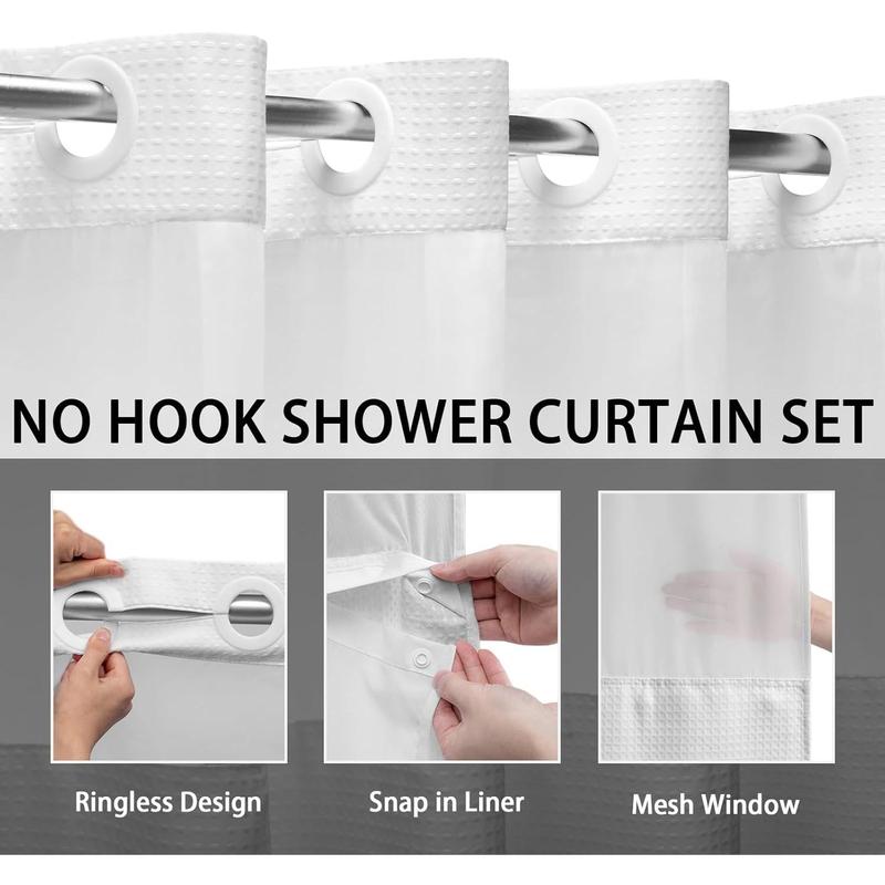 No Hook Shower Curtain with Snap in Fabric Liner Set Less Time White Waffle Shower Curtain for Bathroom 75