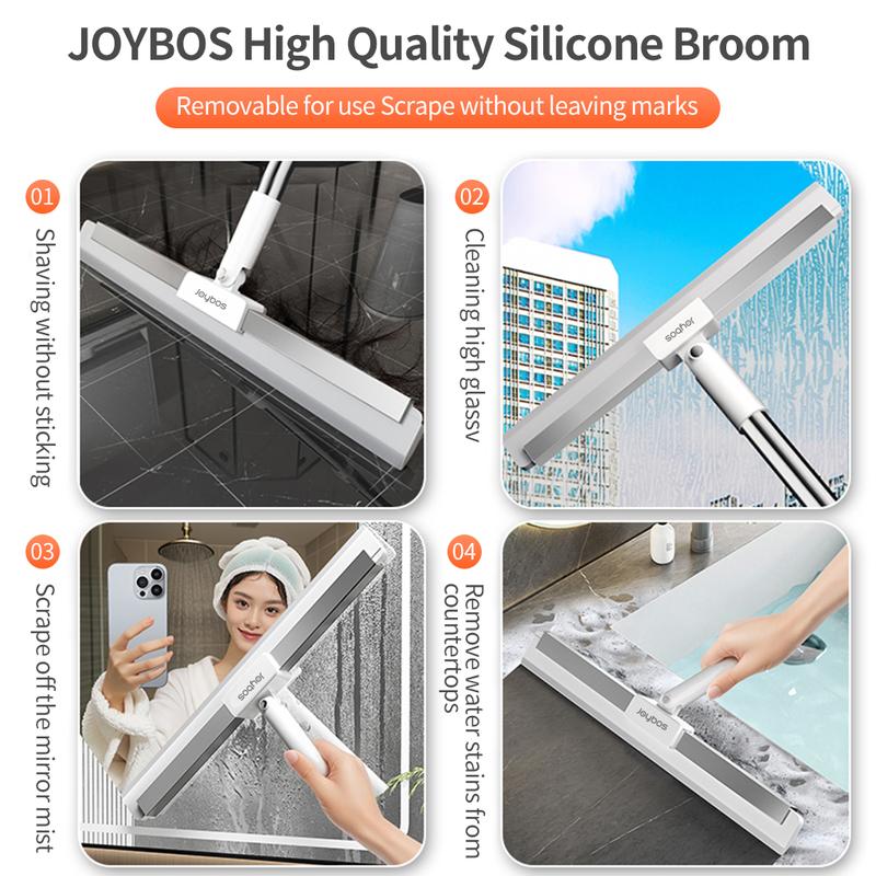 Joybos 15.75inch Long-Handle Home Silicone Floor Scraper with Squeegee and Magic Sweep for Windows, Glass, Bathrooms, Walls, and Kitchen - Suitable for Dry and Wet Environments