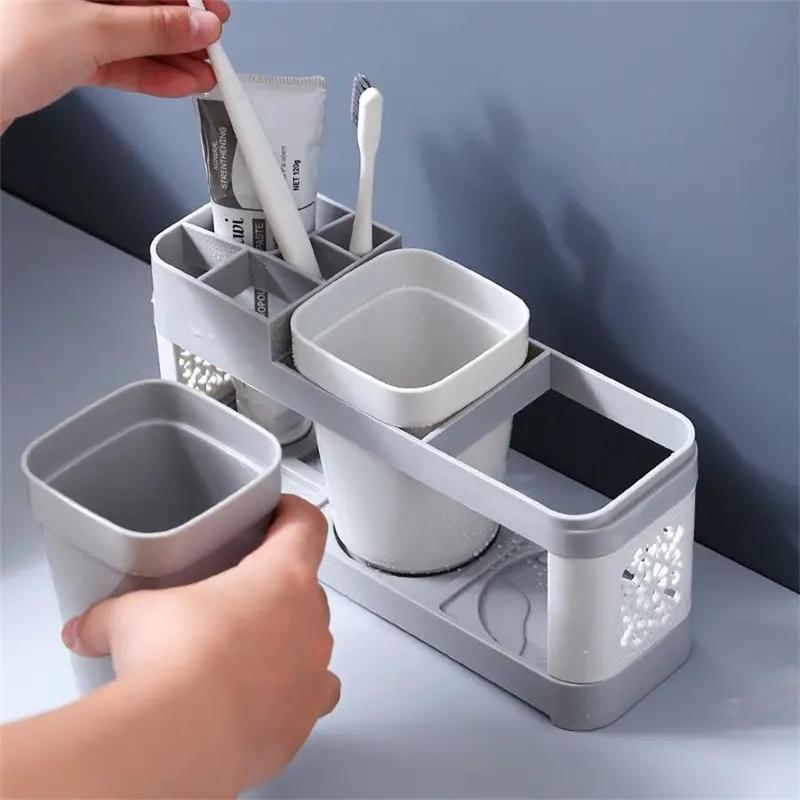 Toothbrush Holder with 2 Mouthwash Cups, 1 Count Creative Countertop Toothbrush Storage Rack, Home Organizer for Bathroom