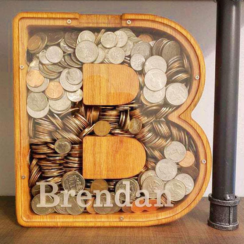 1Pc Wooden Letter Piggy Bank,Coins Jar, Home Desktop Crafts Ornament Decor, Saving Money Tips, Saving Challenge Coin Money Saving Box, Gift Ideas, Table Decoration, Transparent display, Can diy Light and name,Valentine's Day Gifts, Kids Adult Gifts