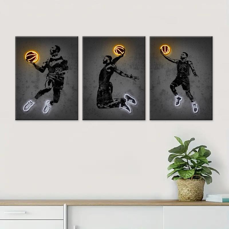 Basketball Player Pattern Canvas Painting with Frame, 3 Counts Basketball Fan Poster Canvas Art, Wall Art Decor for Home Living Room Bedroom Office, Wall Art Painting Room Decor