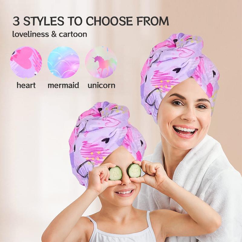 Hair Towel Wrap with Button, 2pcs set Cute Cartoon Pattern Hair Drying Towel, Water Absorbent Hair Towel for Kids