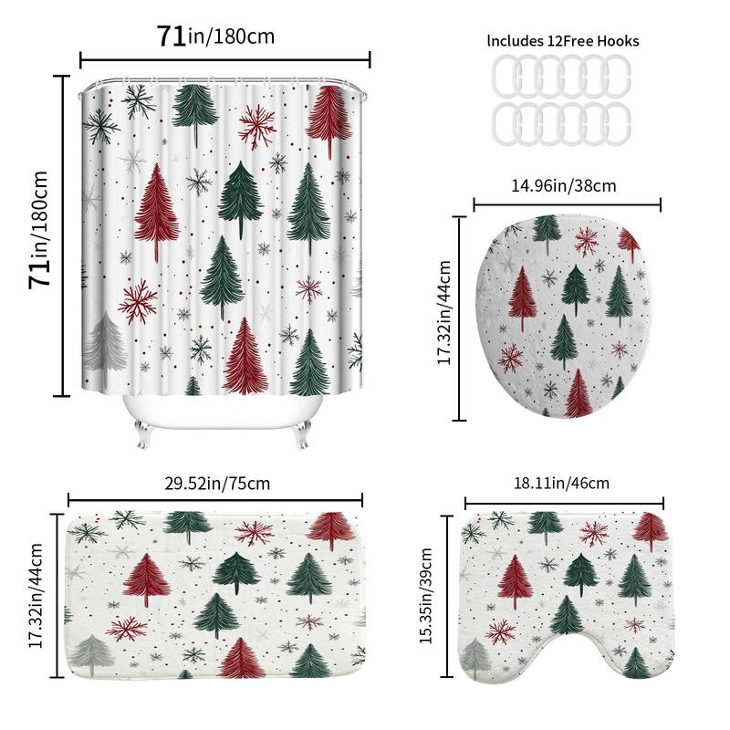 Christmas Tree & Snowflake Pattern Shower Curtain, 1 Count 4 Counts Waterproof Polyester Fabric Shower Curtain with Hooks, Bathroom Decoration Supplies for Home Hotel Salon