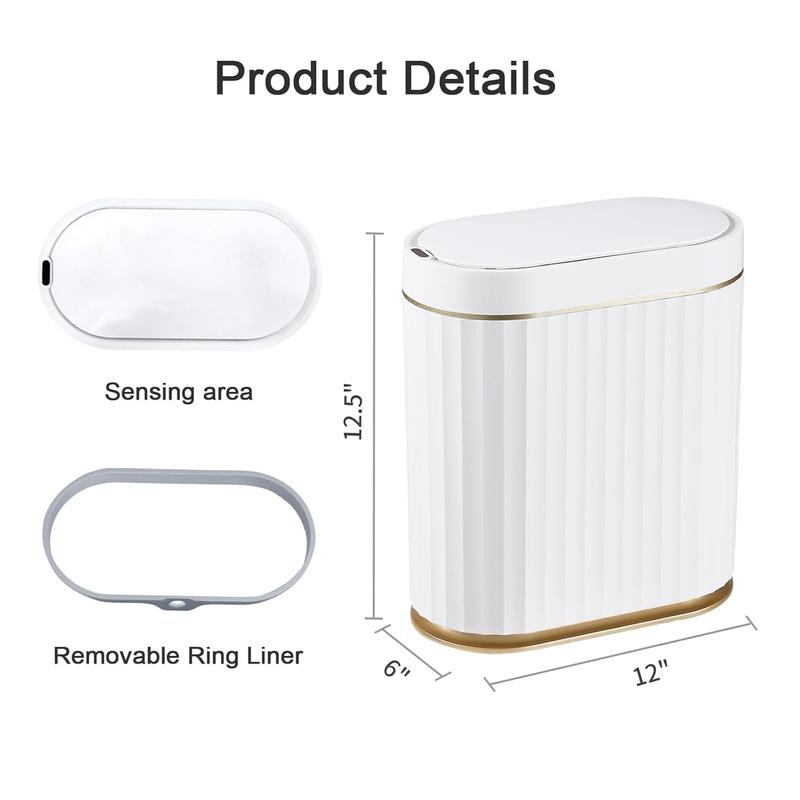 ELPHECO Automatic Motion Sensor Trash Can - 2 Gallon Slimline for Bathroom, Bedroom, Kitchen, Office - White with Gold Trim