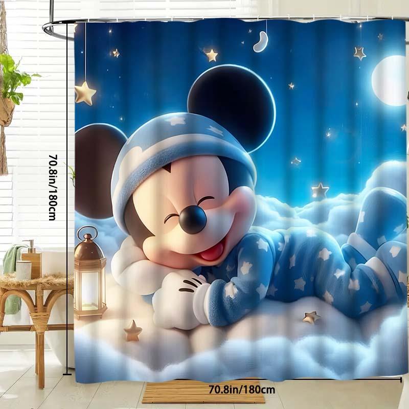 Cartoon Mickey Mouse Pattern Shower Curtain, Waterproof Shower Curtain with 12 Hooks, Bathroom Decor Supplies for Home Hotel Salon Dormitory