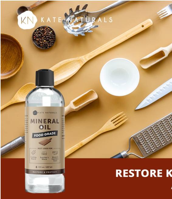 Kate Naturals Mineral Oil for Wood Cutting Board Oil, Butcher Block, and Knife