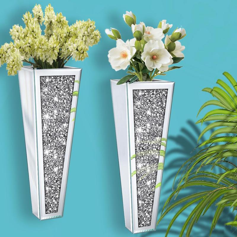 2 Pcs  Flower Vase Crushed Diamond Mirrored Hanging Planter& Geometric Decor Mirrored Container, Silver Decorative Mirror Vase Gift Glass Wood Ornaments