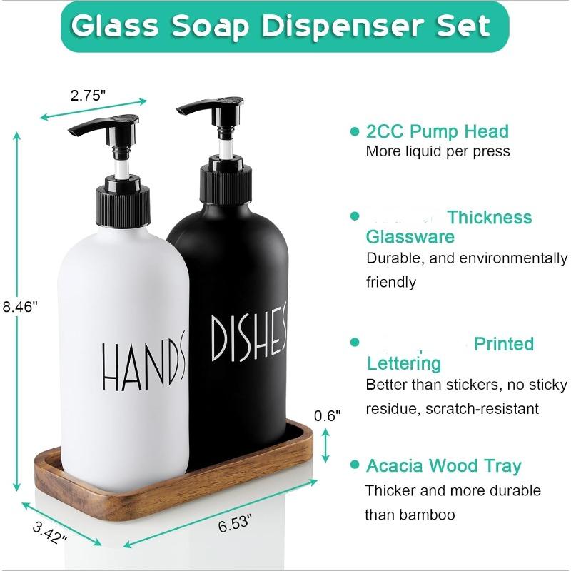 Glass Dish Soap Dispenser for Kitchen - 16 OZ Hand Soap Dispenser Set with Pump and Acacia Wood Tray - Black White Modern Farmhouse Kitchen Bathroom Decor and Accessories