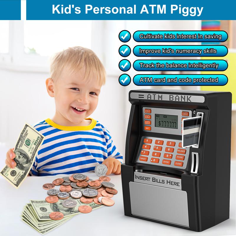 ATM Piggy Bank for Kids for Real Money Safe with Debit Card, Coin Recognition,Bill Feeder,Balance Calculator, Digital Electronic Kids Piggy Bank Boalord for Boys Girls Decor Ornaments