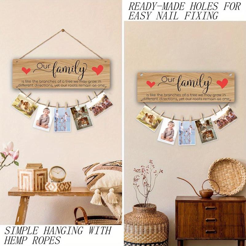 Wooden Hanging Family Photo Frame, 1 Set Our Family Picture Display Plaque with Clip, Hanging Decor, Room Decor, Home Decor, Gift for Family