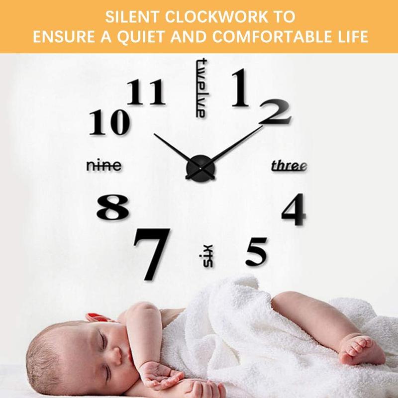 DIY Wall Clock Modern Large 3D Wall Clock Mirror Stickers Home Office Decor,Silver