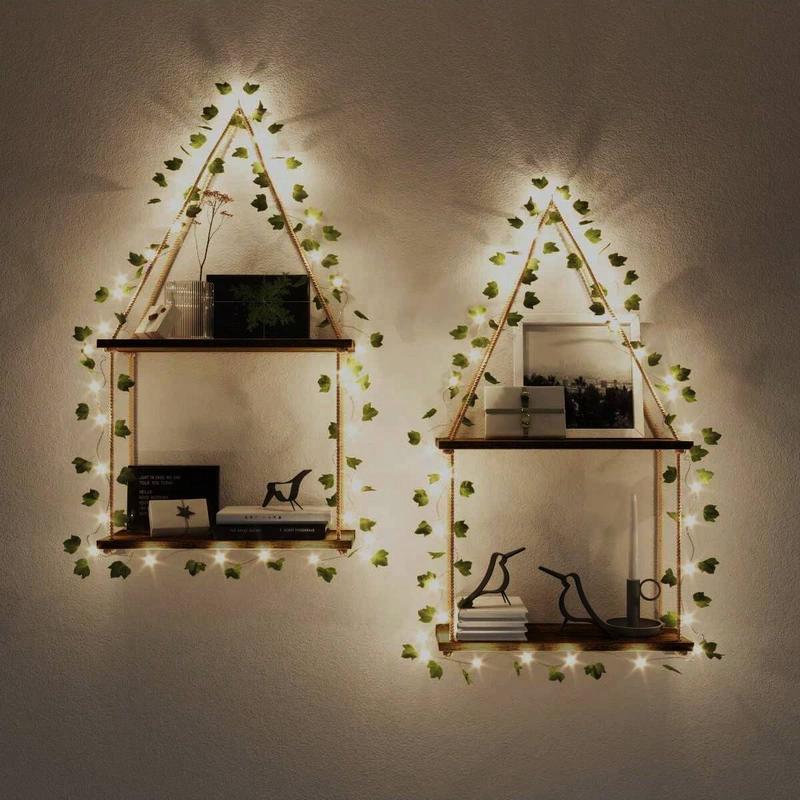 1pc Artificial Ivy LED-Strip Wall Hanging Shelves , Room Decor Aesthetic, Macrame Wood Shelf For Bedroom Bathroom Living Room, Multicolor Wooden