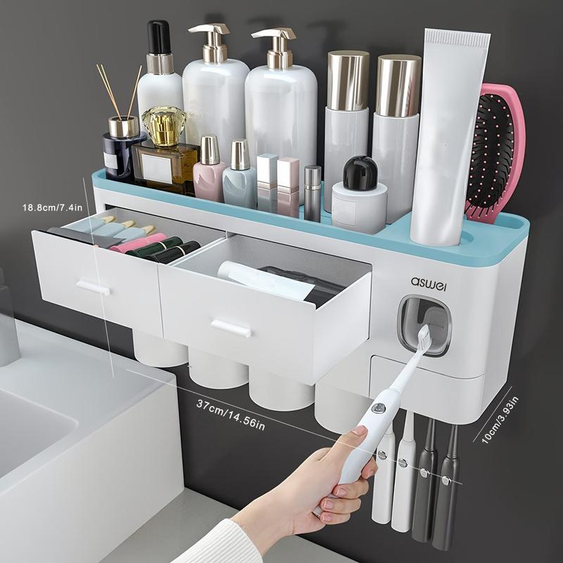 Wall Mounted Toothbrush Holder, 1 Count Large Capacity Toothbrush Storage Rack with Toothpaste Dispenser, Home Organizer for Bathroom Accessories