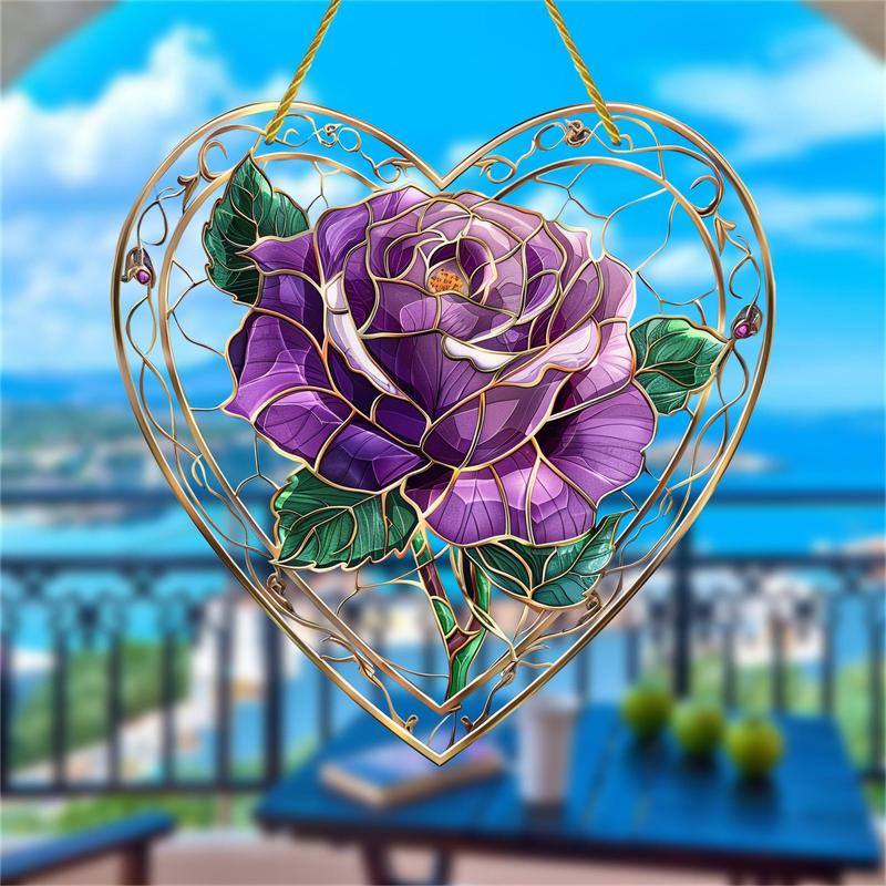 Rose Pattern Hanging Decor, 1 Count Acrylic Heart Shaped Sun Catcher, Hanging Ornament for Home, Ideal Housewarming Gift for Women